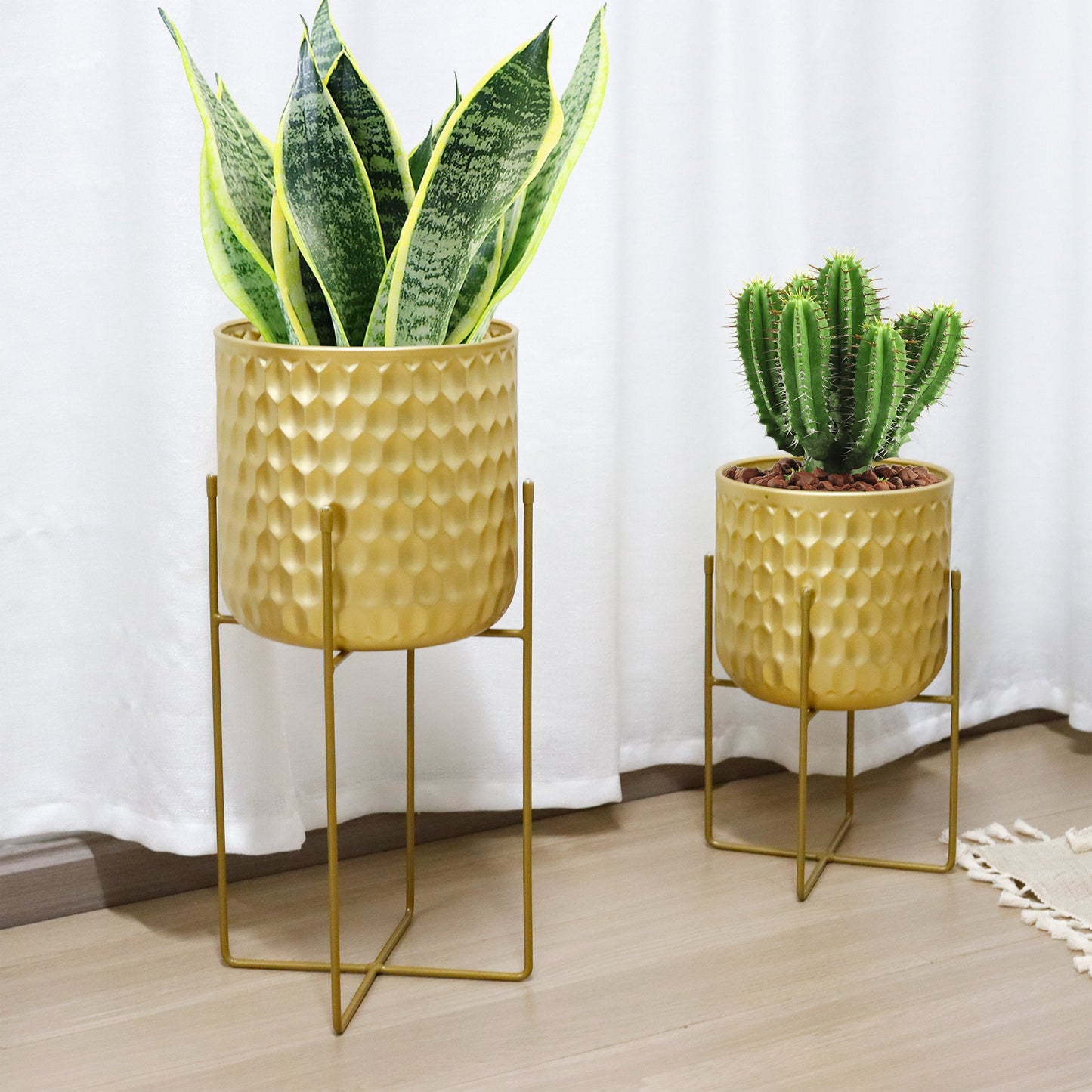 2 Set of 17&12 " Tall Planters With Stand (Gold)