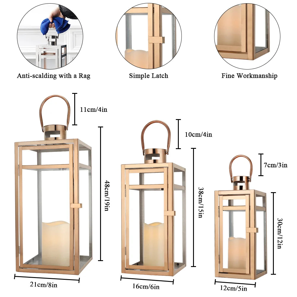 Set of 3 Stainless Steel Lantern (12/15/19'') -Rose Gold