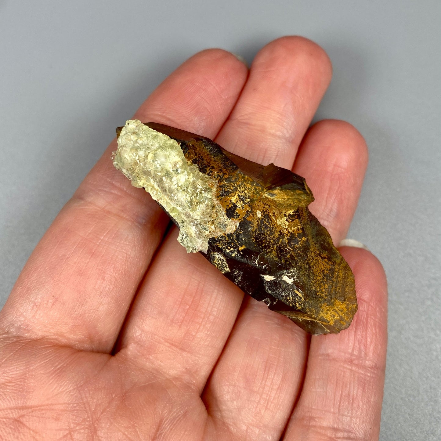 19.98 g. Hyalite Opal on Smoky Quartz