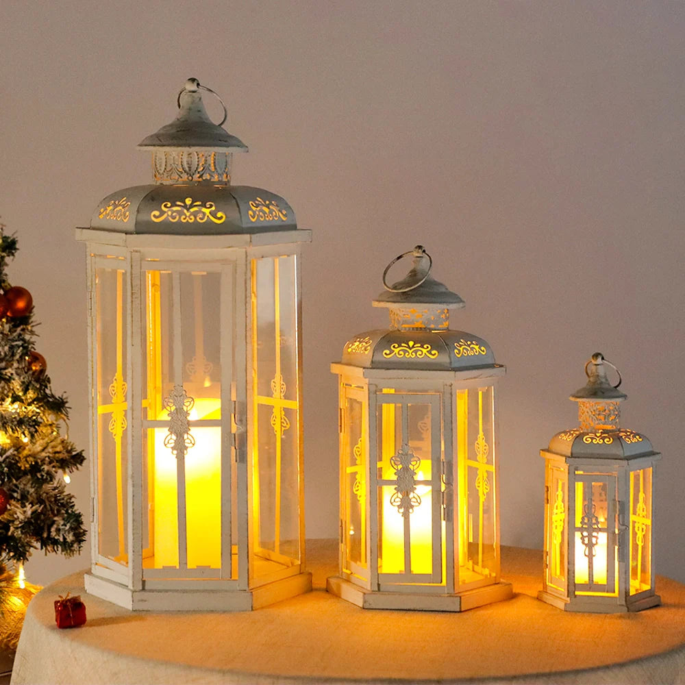 Set of 3-20''&14"&10" H Candle Lanterns (White with Gold Brush)