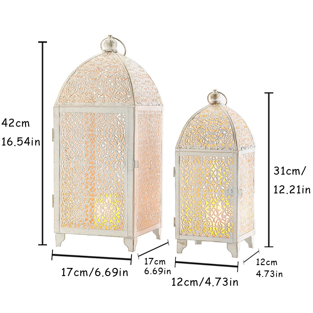 Set of 2-16.5''&12'' High Metal Lantern-White with Gold Brush
