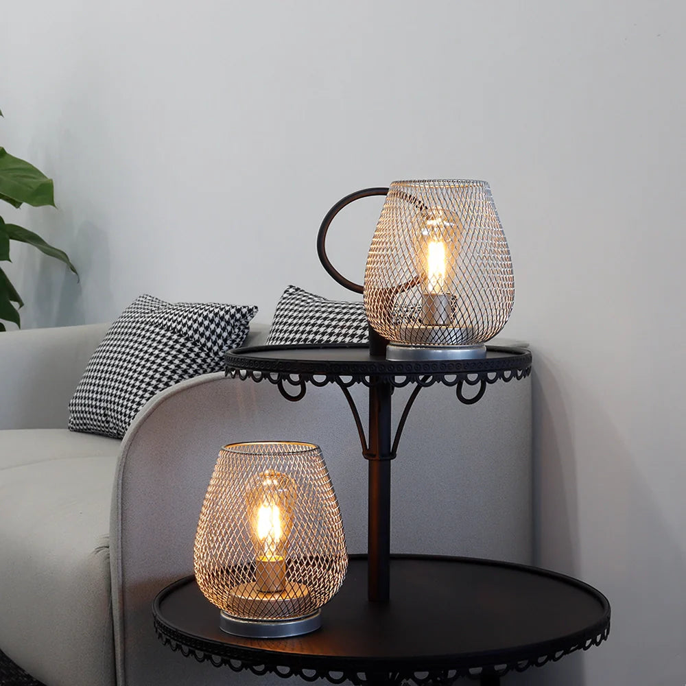 Set of 2-6.7"H Metal Cage LED Lantern(Silver)