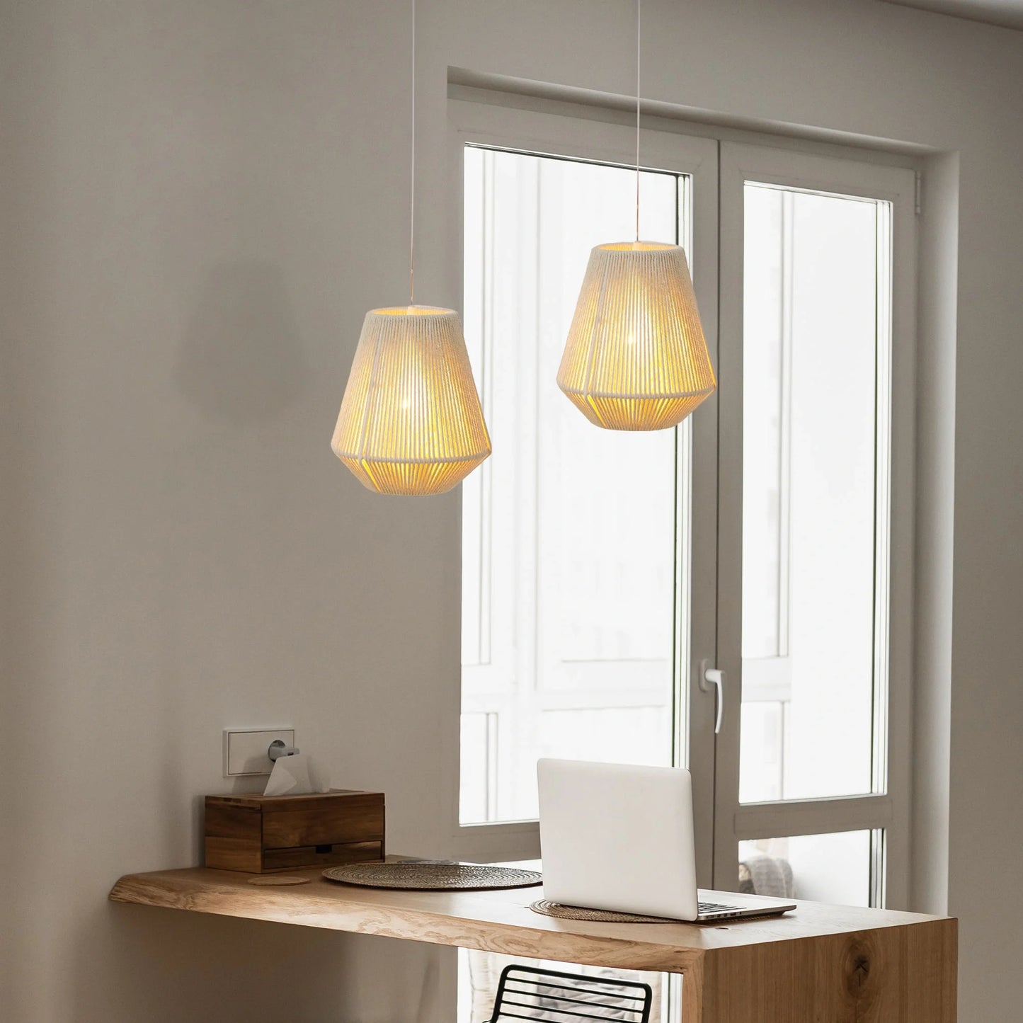 8" H Woven Hemp Rope Battery Powered Hanging Lamp