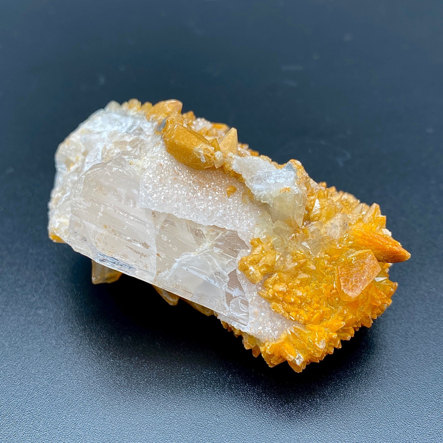 80.80 g. Danburite with Quartz Druzy and Golden Calcite