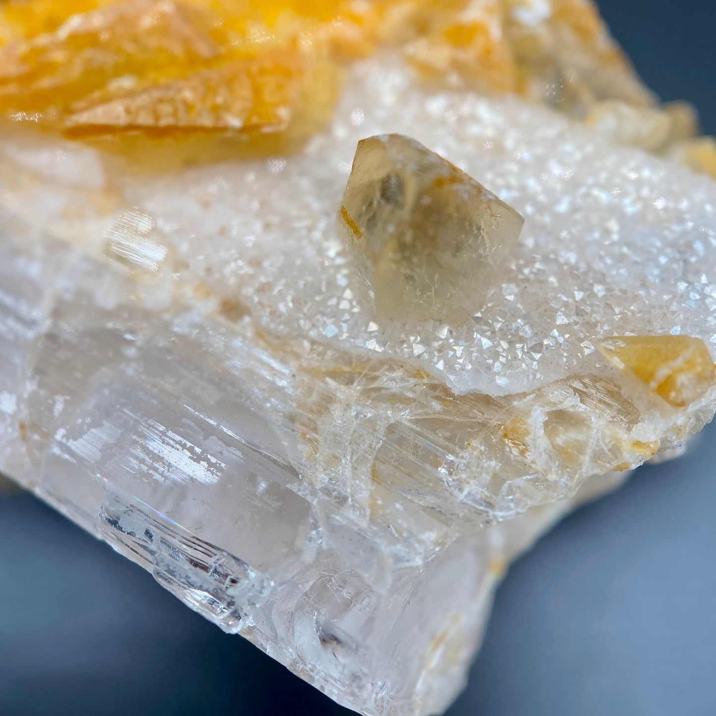 80.80 g. Danburite with Quartz Druzy and Golden Calcite