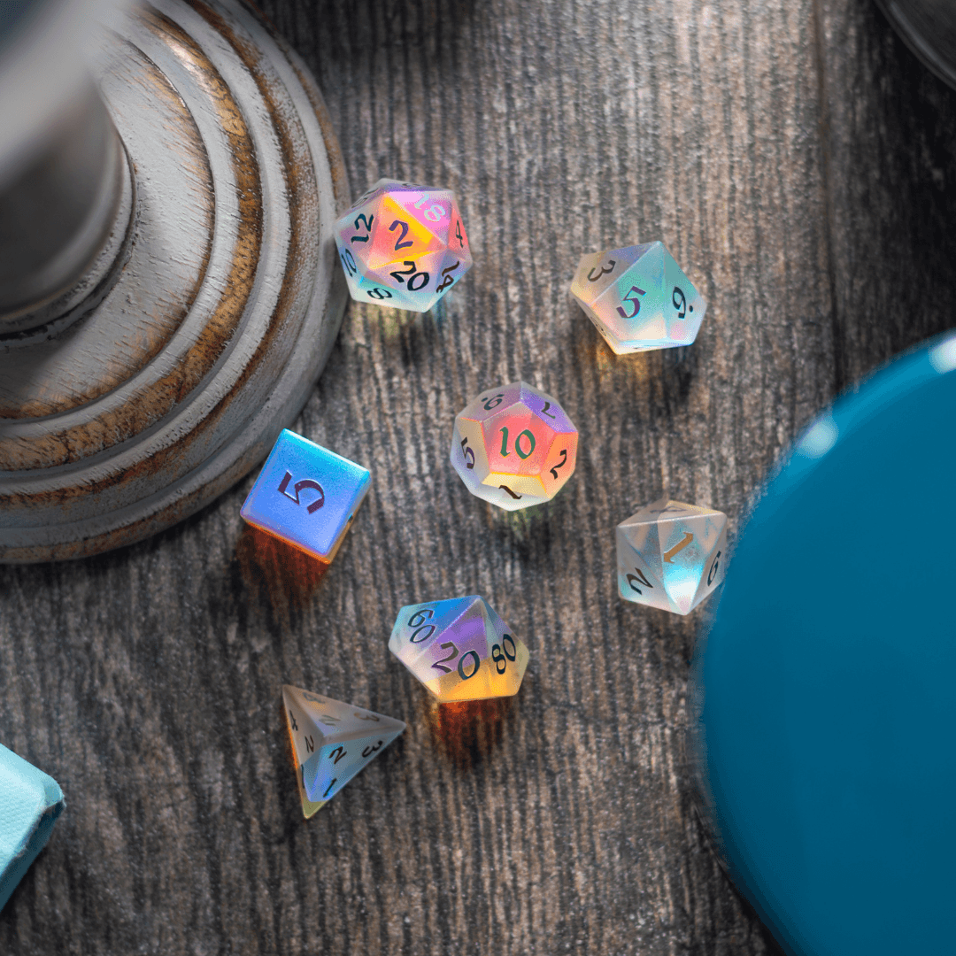 Gemstone (Inked) Raised Dichroic Glass DND Dice Set
