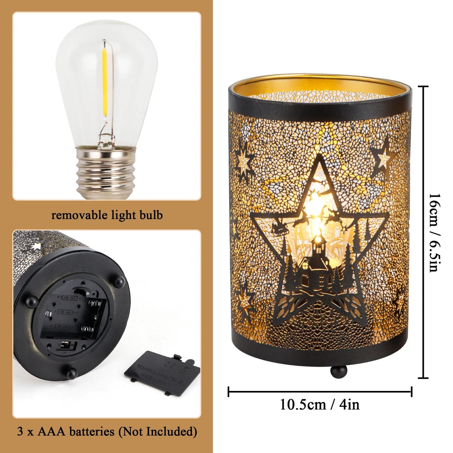 6.5" H Etched Metal Table Lamp Christmas Battery Operated Lamp