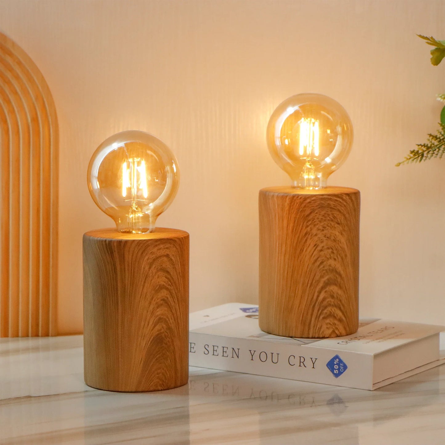 Set of 2 8.5" Tall Wood Grain Table Lamps