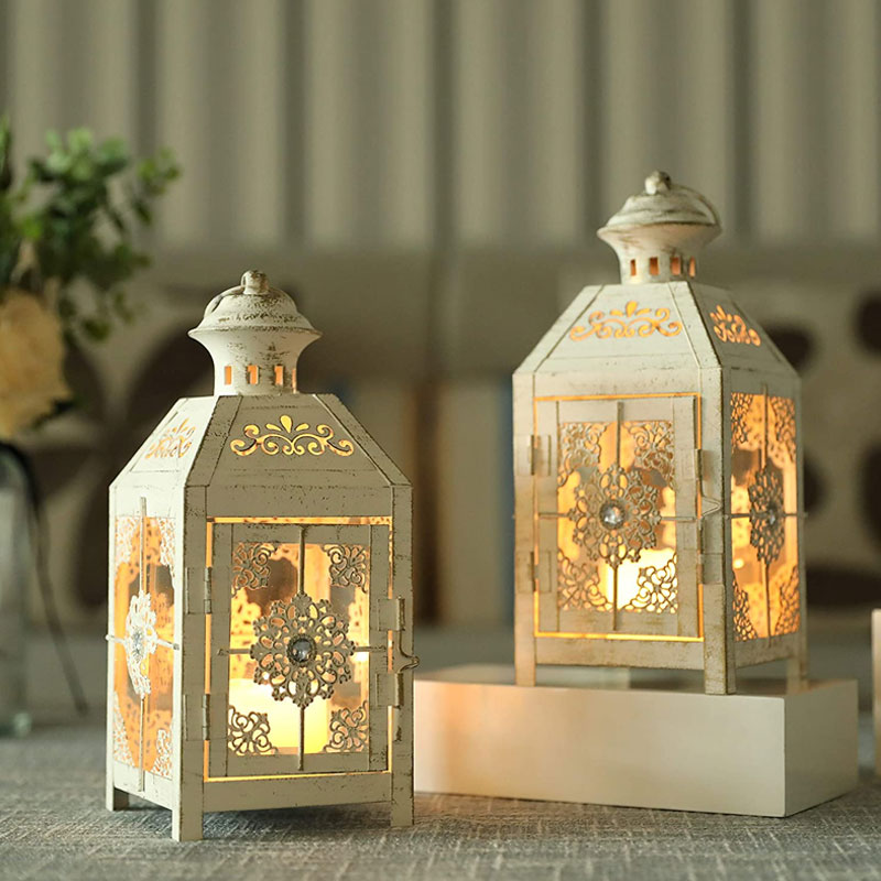 Set of 2 Decorative Lanterns 9.5" High Metal Candle Lanterns