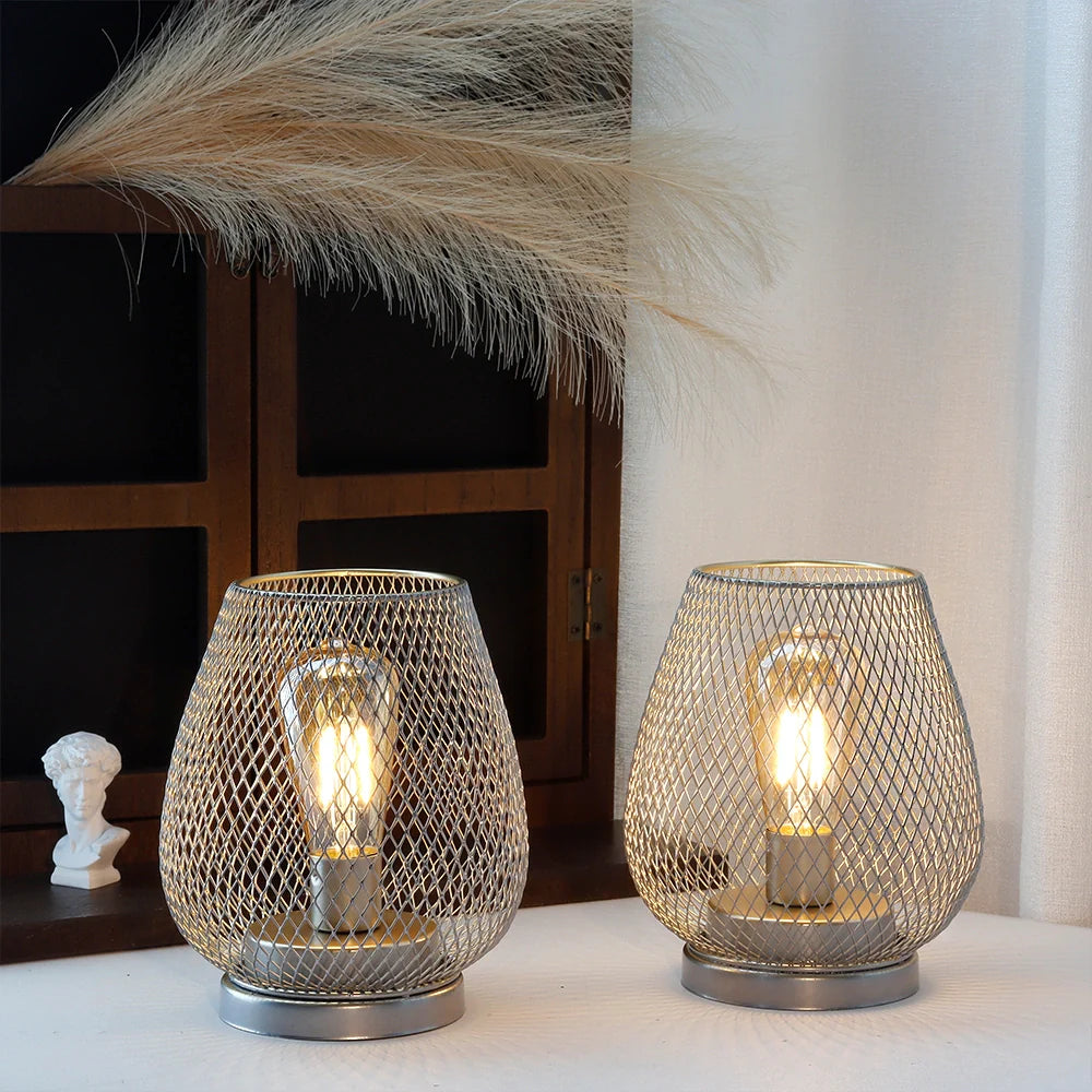 Set of 2-6.7"H Metal Cage LED Lantern（Silver）