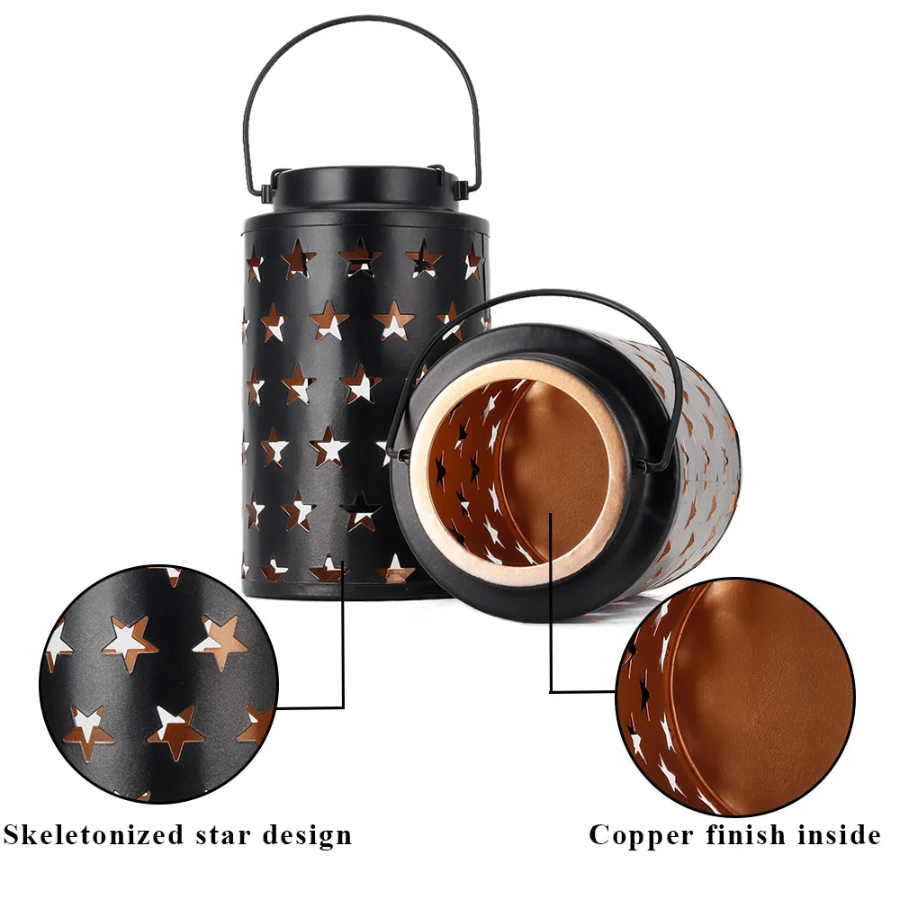 Set of 2 8"H Metal Candle Lanterns with Handle(Hollow Stars)