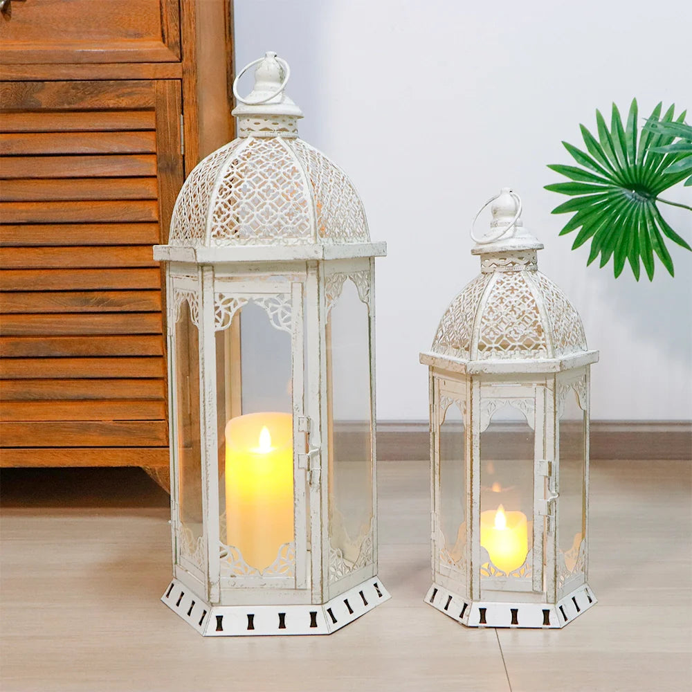 Set of 2-22"&17"H Vintage Metal Candle Lanterns(Grey with Black Brush)