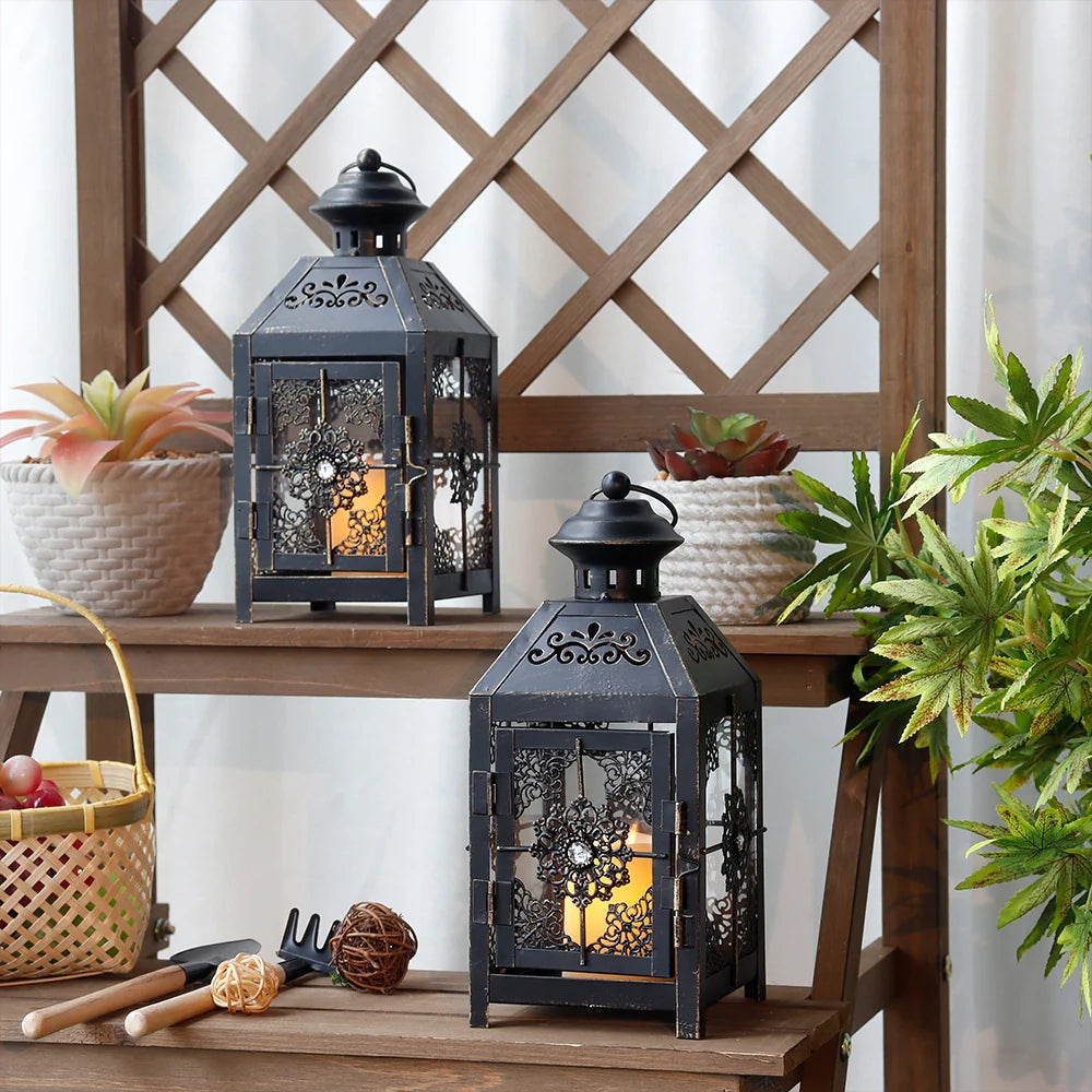 JHY DESIGN Set of 2  Decorative Candle Lantern 9.5" High Metal Candle Lantern