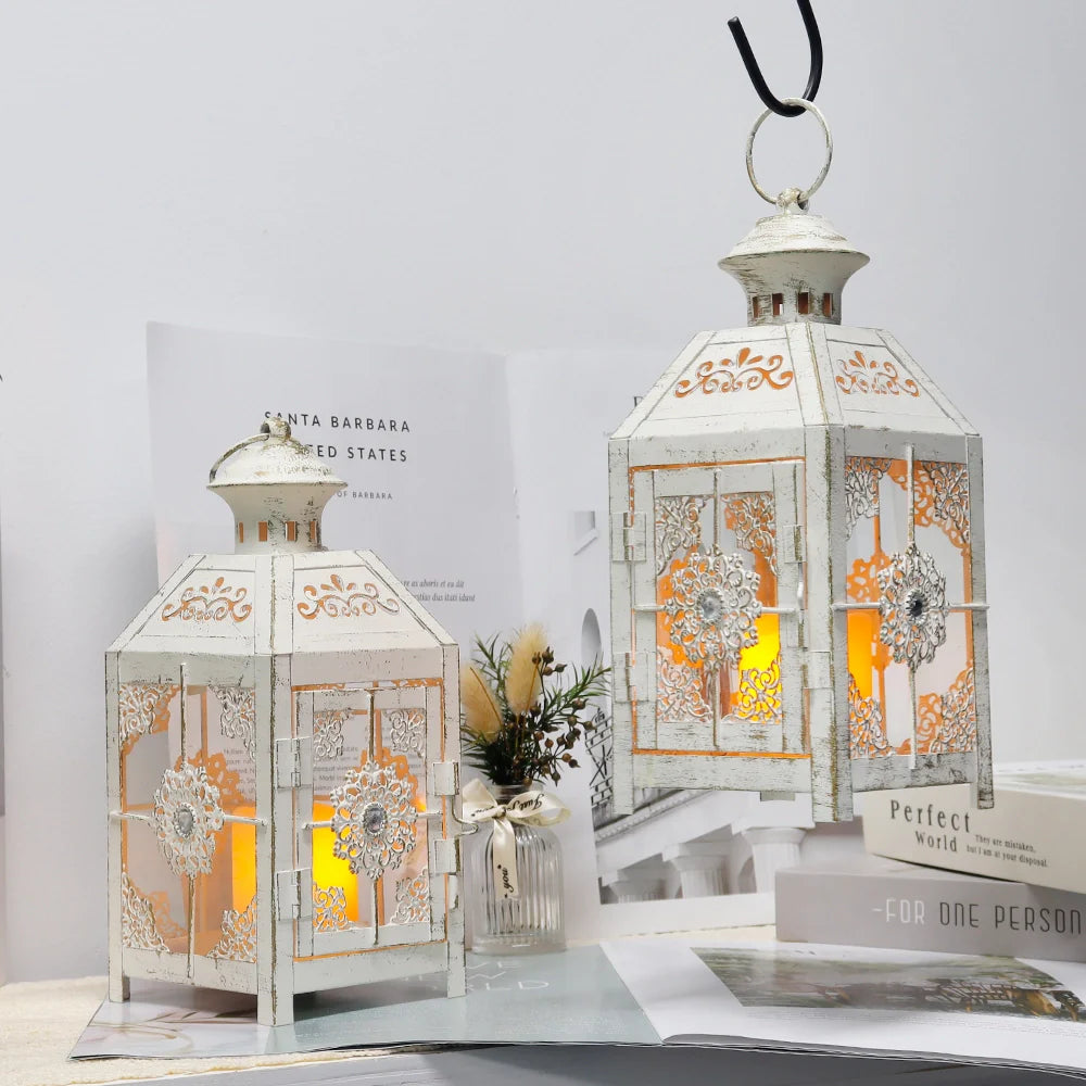 Set of 2 Decorative Lanterns 9.5" High Metal Candle Lanterns