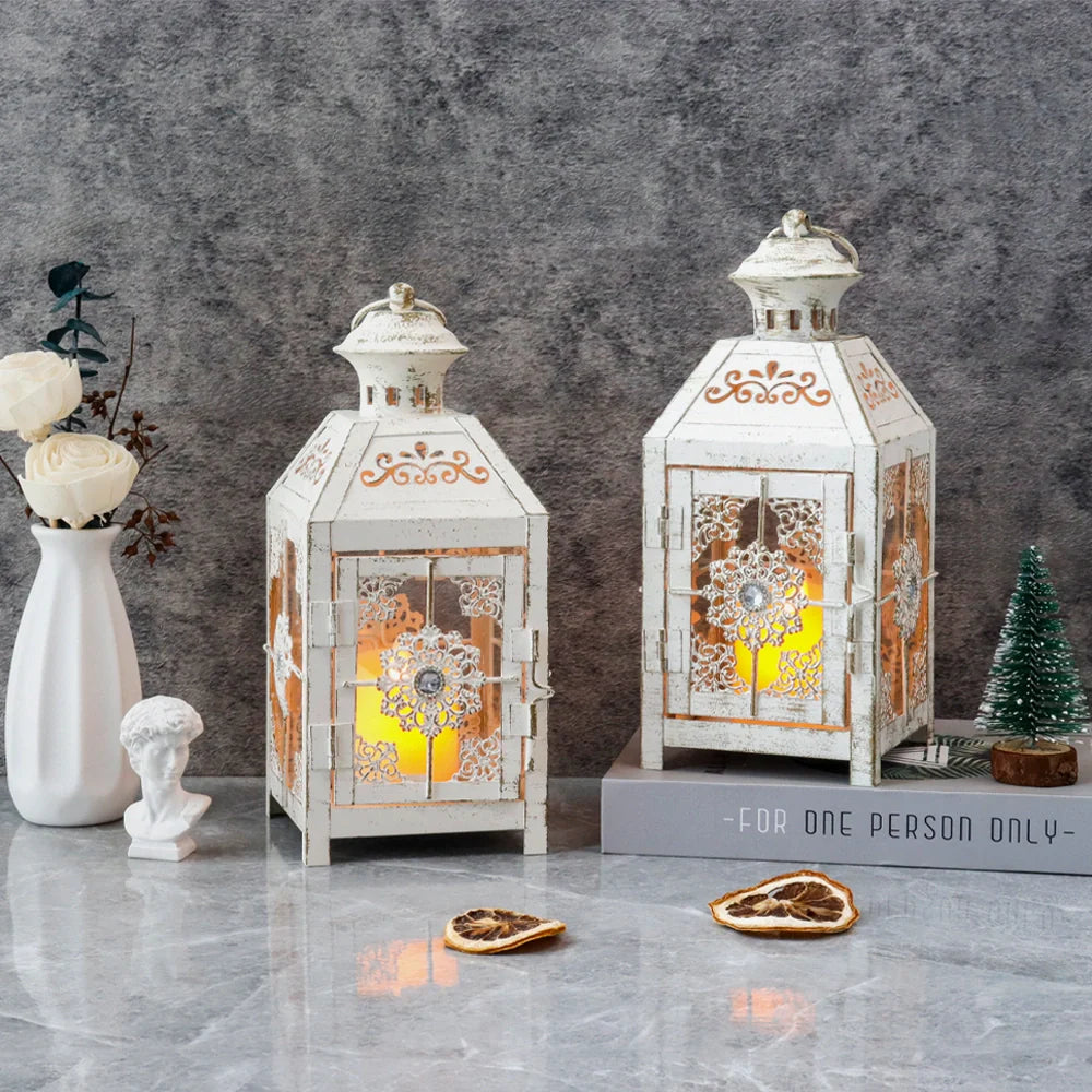 Set of 2 Decorative Lanterns 9.5" High Metal Candle Lanterns