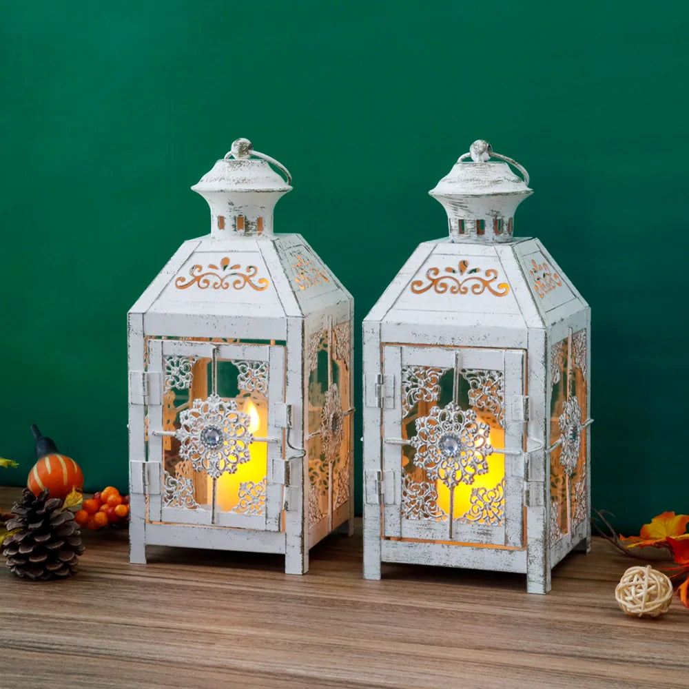 Set of 2 Decorative Lanterns 9.5" High Metal Candle Lanterns