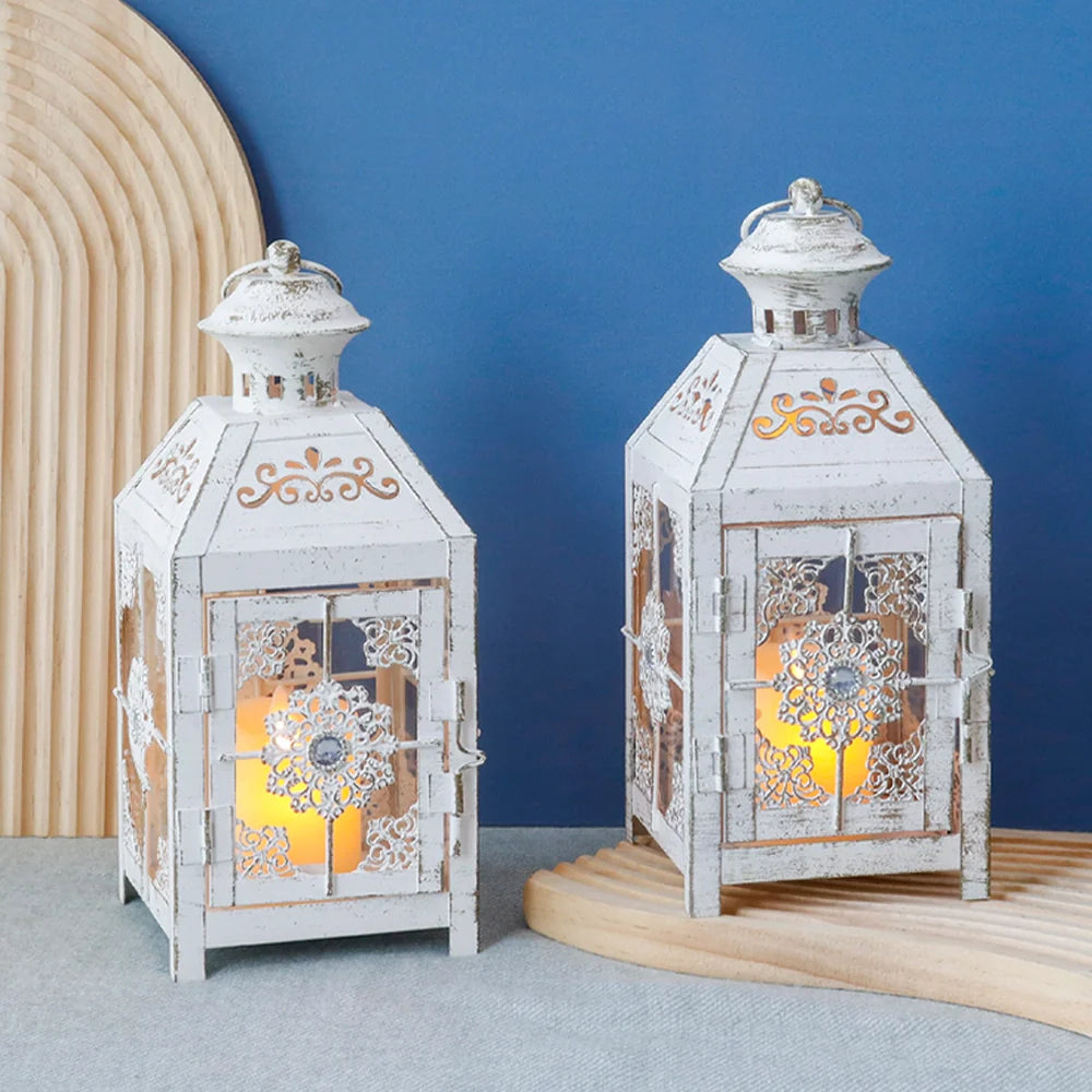 Set of 2 Decorative Lanterns 9.5" High Metal Candle Lanterns
