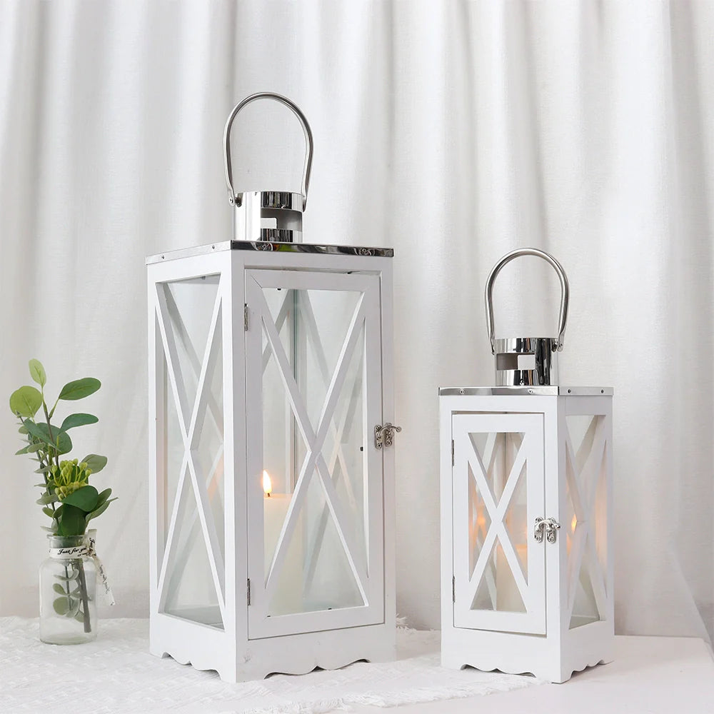 Set of 2 17.5''&24.5'' Farmhouse Wood Lantern (White Rectangle)